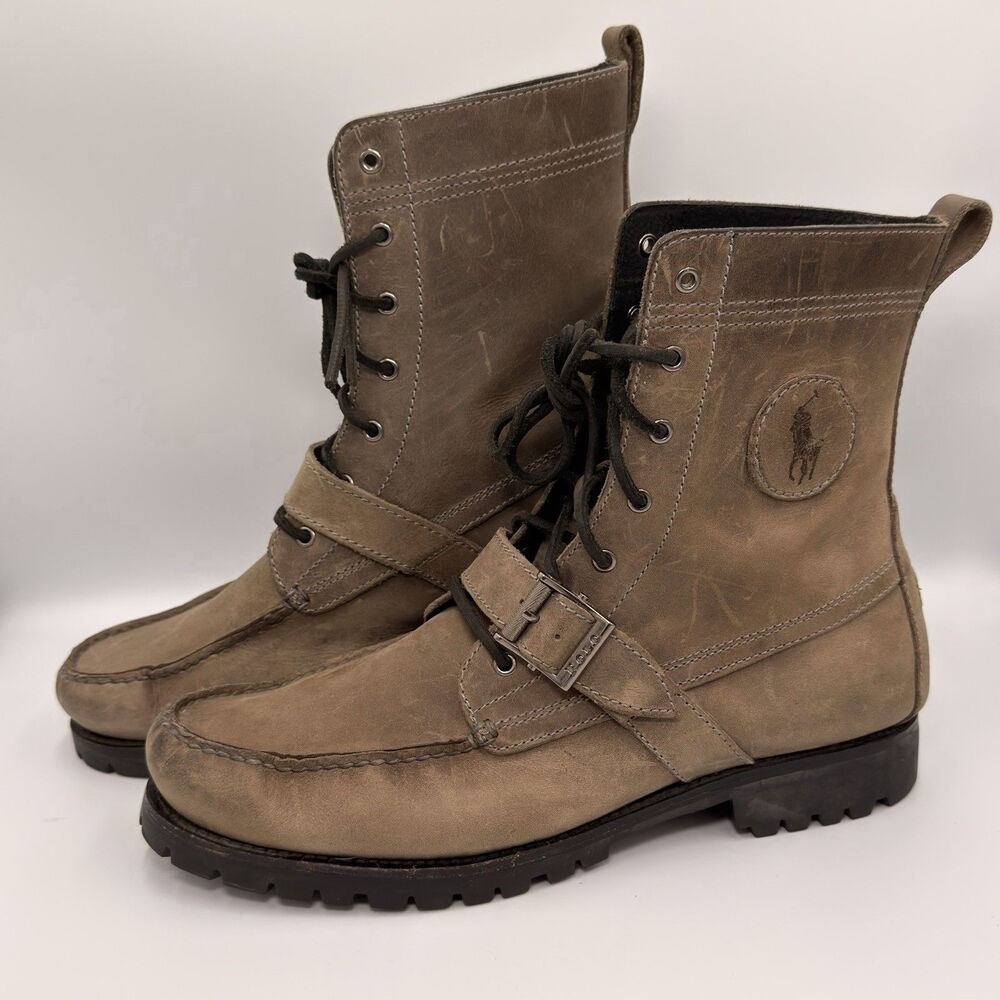 Polo Ralph Lauren Ranger Boots 12D Brown Gray Nubuck Leather Buckle Lug Moc Toe